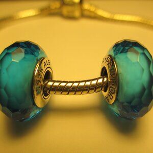 2 Fascinating Aqua Blue Pandora Murano Glass Charms Sterling Silver 925 Ale DEAL